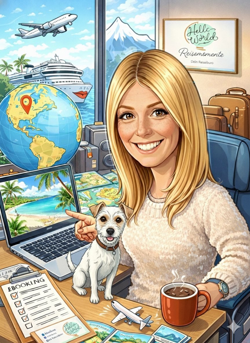Illustration von Lara am Schreibtisch ihres Reisebüros