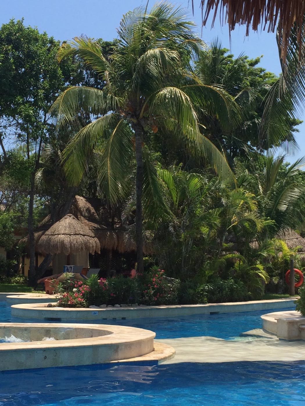 Geschwungene Poollandschaft mit Palmen und Palapas im Iberostar Tucan