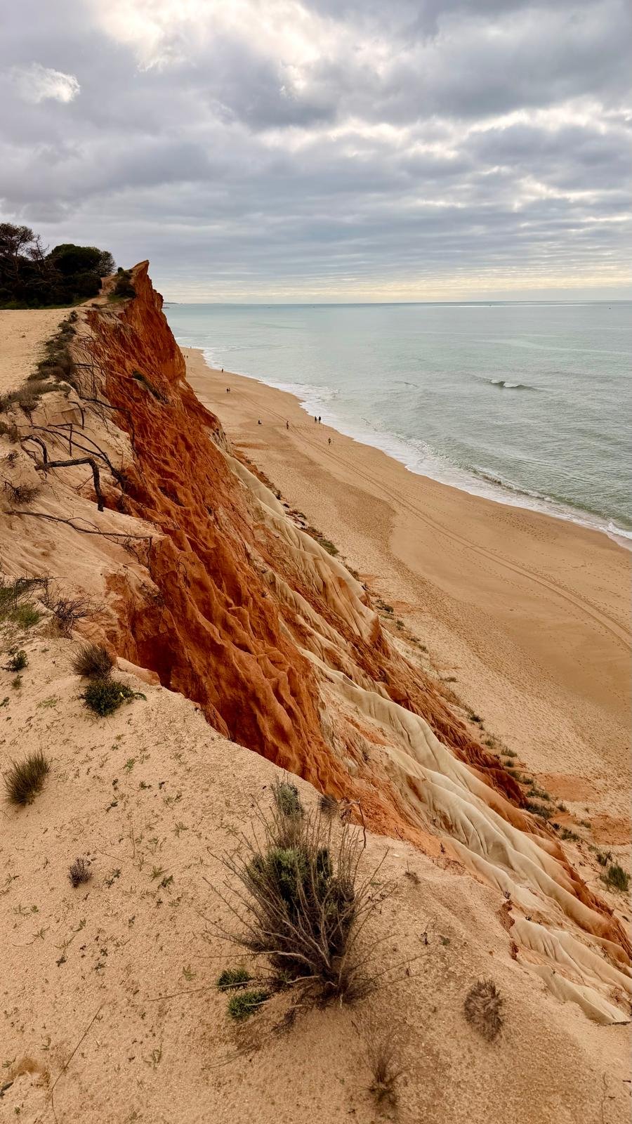 Rote Steilküste an einem Sandstrand